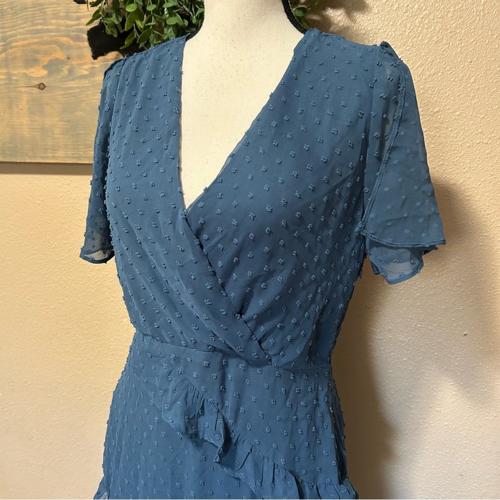 NWT Next to You Slate Blue Swiss Dot Ruffled Midi Dress - Picture 3 of 9